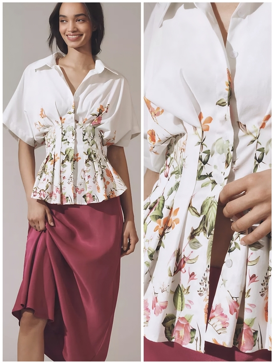 Anthropologie Tops - Anthro EXQUISE Pleated Floral Button Up White Pink Top, XL